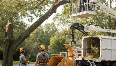 Emergency tree crew removing storm-damaged tree in Highland Park, IL