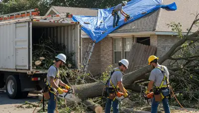 Storm damage tree cleanup crew in Highland Park, IL removing fallen branches safely