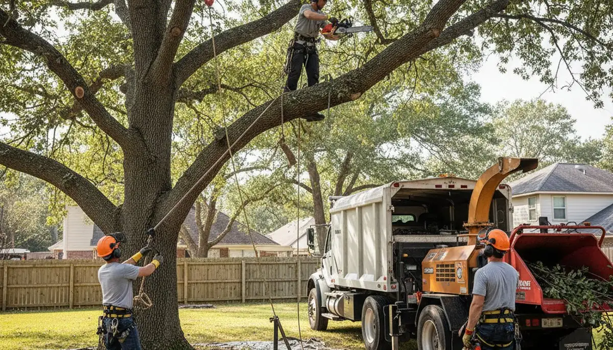 Tree removal crew in Highland Park, IL safely removing a dead tree from a residential property