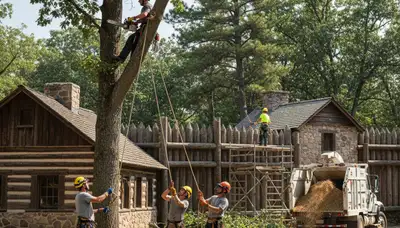 Tree service crew in Highland Park, IL removing and trimming trees for residential property safety