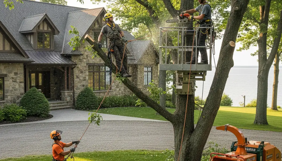 Tree service crew in Highland Park, IL, performing professional tree care for a local property