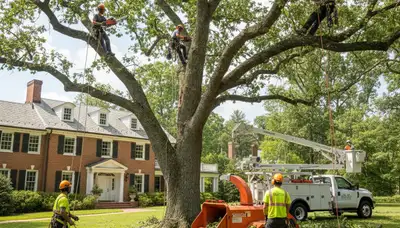 Tree service crew trimming a tree in Highland Park, IL
