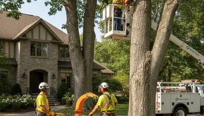 Tree service crew in Highland Park, IL trimming and removing trees for local property care