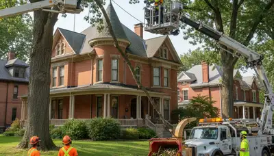 Tree service crew in Highland Park, IL trimming and removing trees for a residential property
